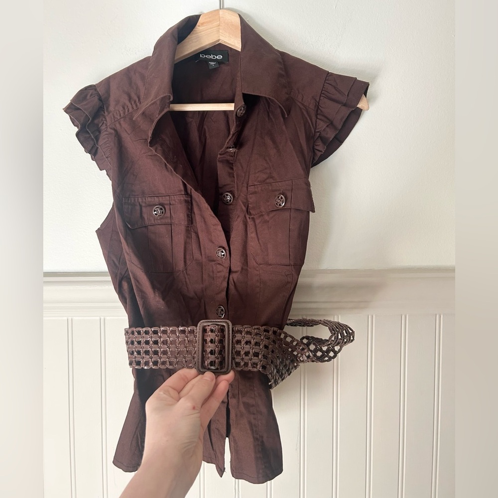 Y2K bebe Large Brown Button Down Cap Sleeve Shirt Belted Woven Waist